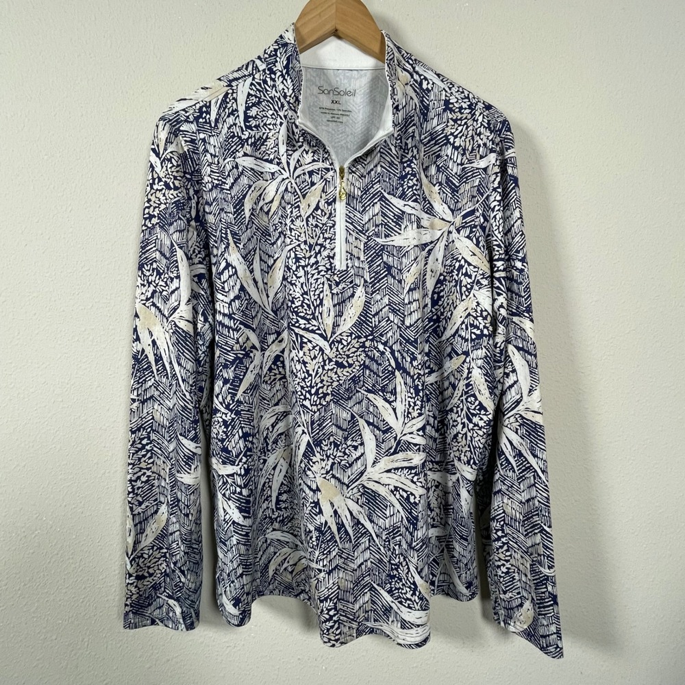 SanSoleil‎ SolCool Quarter Zip Women XXL Navy Palm Print UPF 50 Performance Top